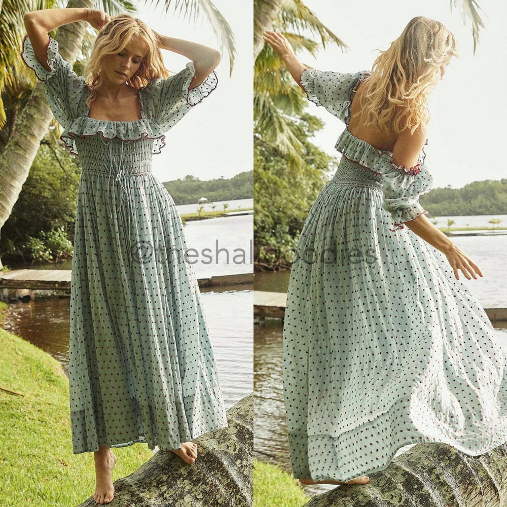 DOEN Sol Dress Blue Red Polka Dot Ruffle Midi Maxi